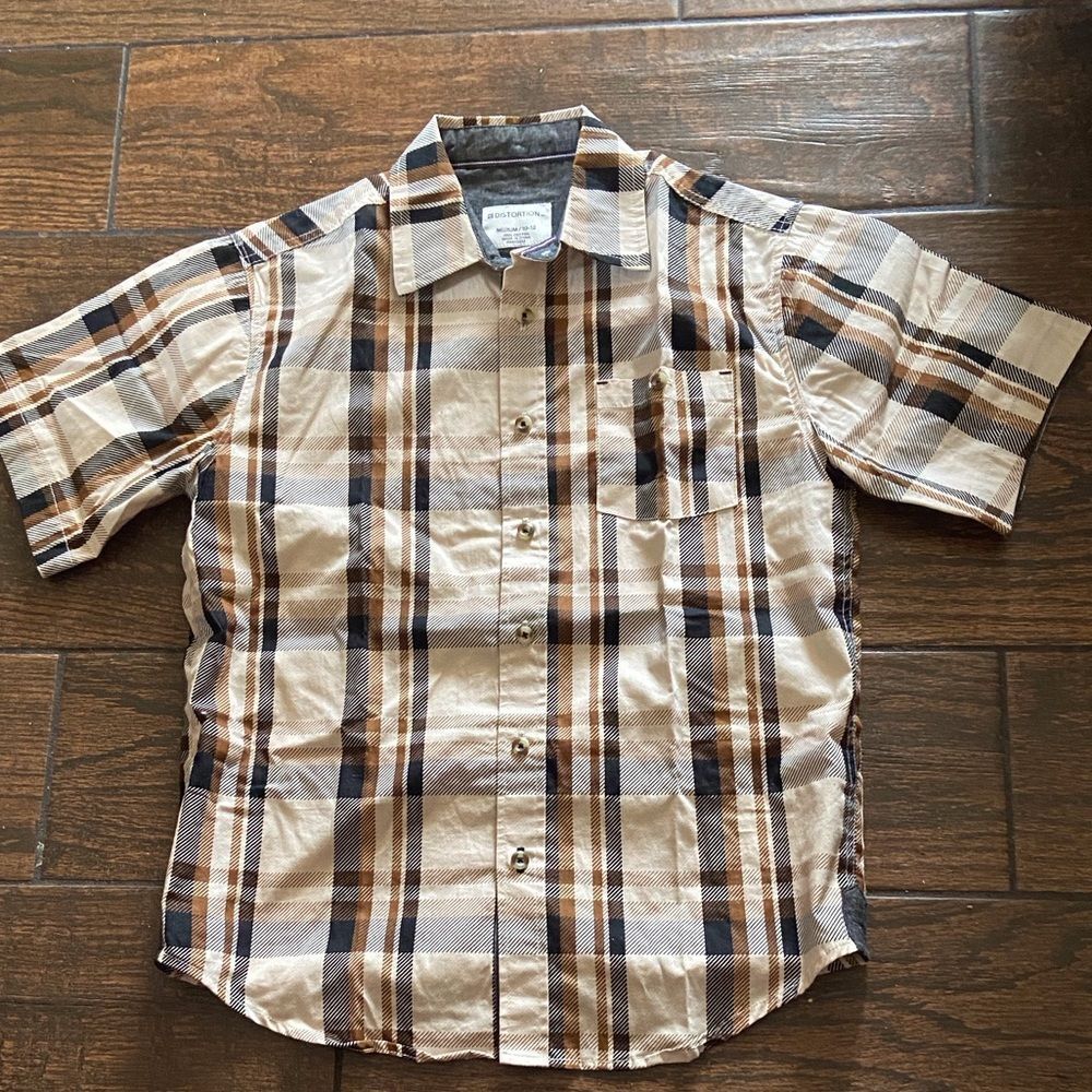 🥰Distortion Boys Beige and Brown Plaid Button-Down Shirt Size Medium 10-12